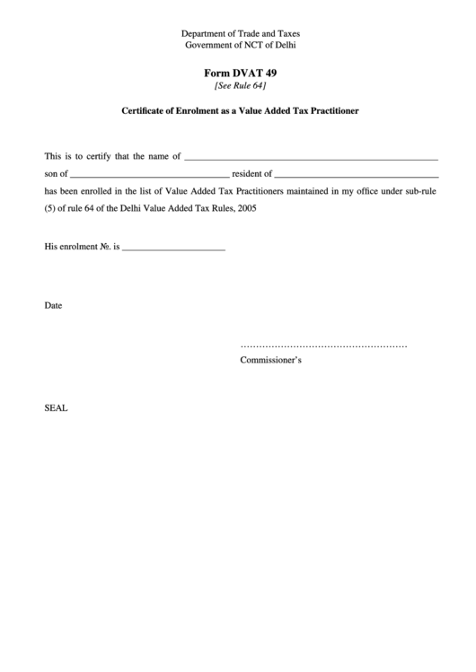 Form Dvat 49 - Certificate Of Enrolment As A Value Added Tax Practitioner Printable pdf