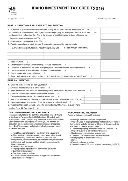 Fillable Form 49 - Idaho Investment Tax Credit - 2016 Printable pdf