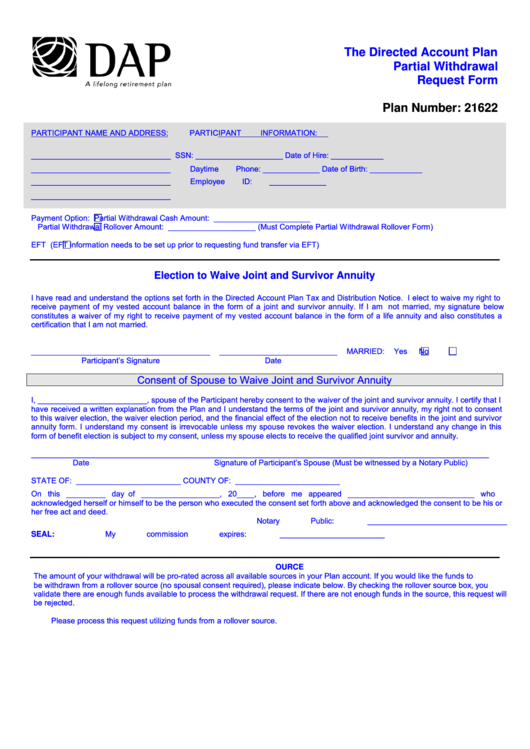 The Directed Account Plan Partial Withdrawal Request Form Printable pdf