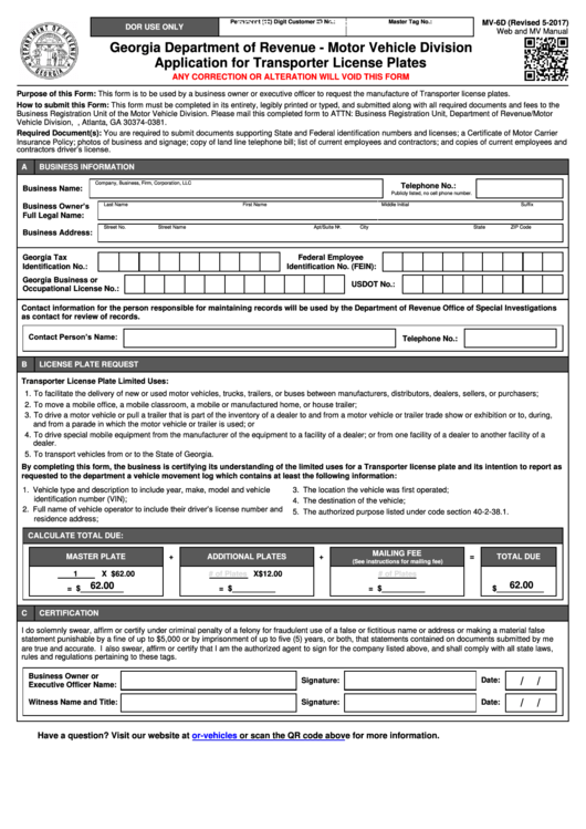 Fillable Form Mv-6d - Application For Transporter License Plates - Georgia Printable pdf