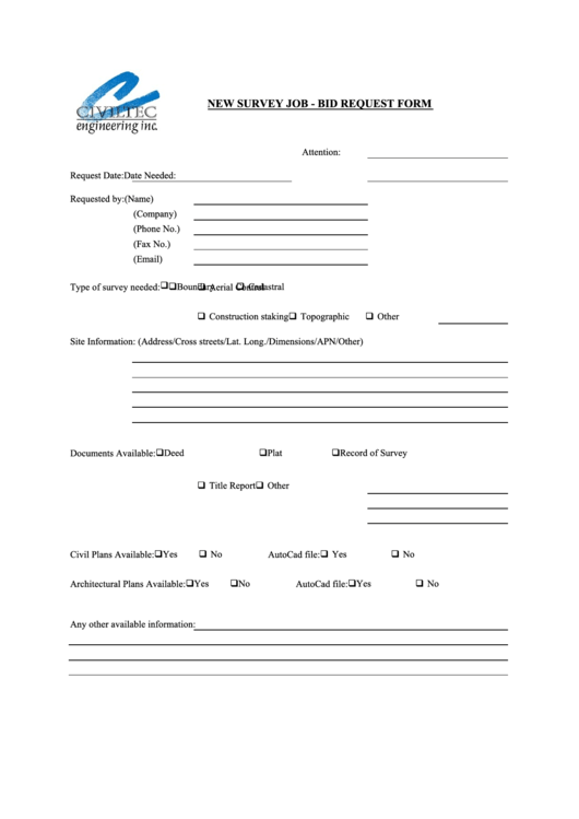 New Survey Job - Bid Request Form Printable pdf