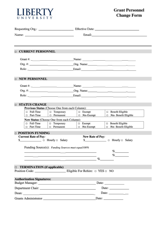 Fillable Grant Personnel Change Form Printable pdf