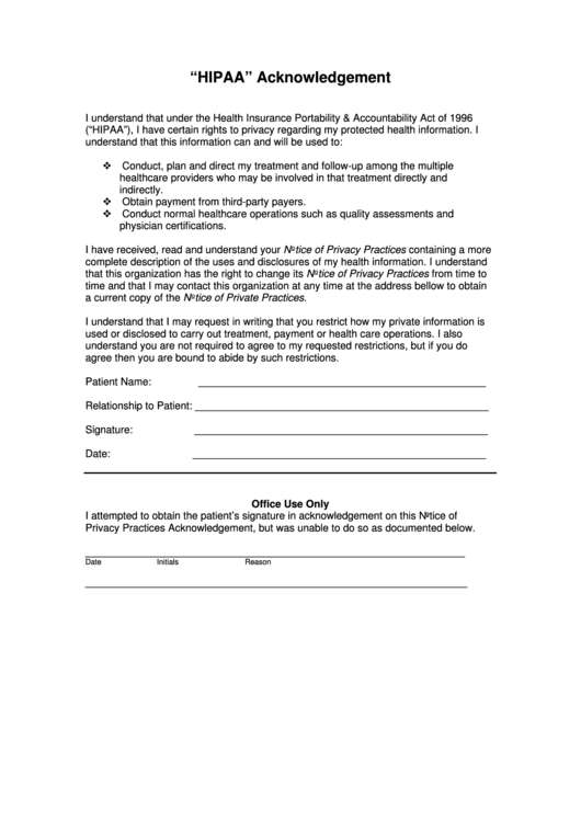 "Hipaa" Acknowledgement Form Printable pdf