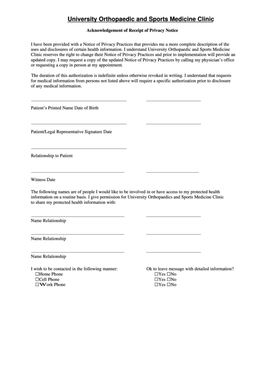 Acknowledgement Of Receipt Of Privacy Notice Form Printable pdf