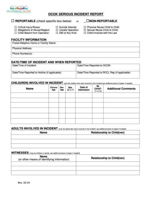 Fillable Ocok Serious Incident Report Form Printable pdf