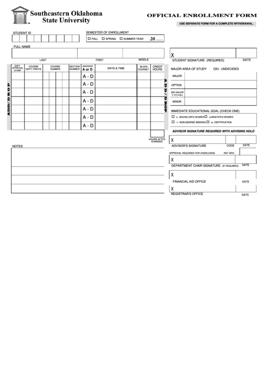 Official Enrollment Form - Southeastern Oklahoma State University Printable pdf