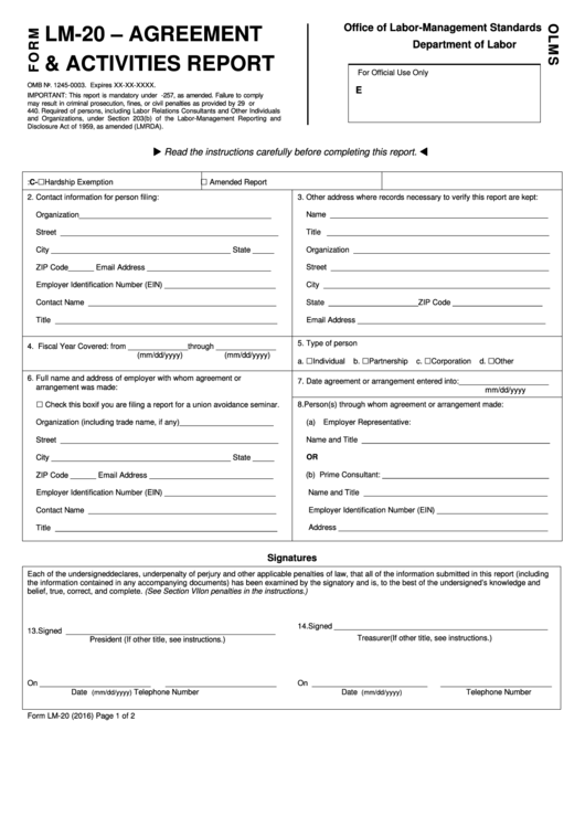Form Lm-20 - Agreement & Activities Report - 2016 Printable pdf