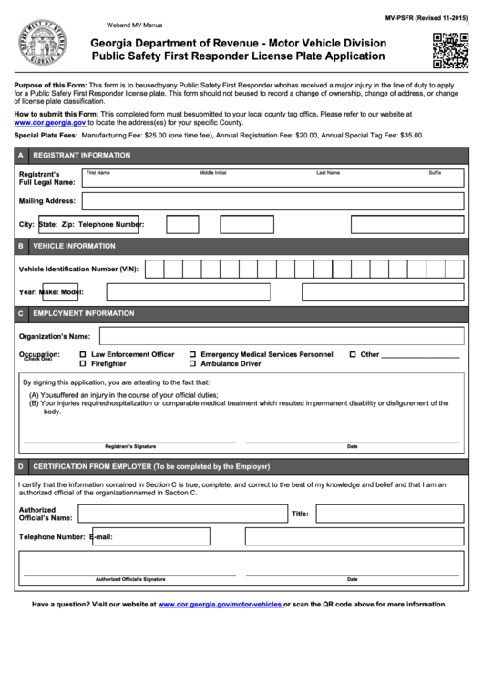 Fillable Form Mv-Psfr - Public Safety First Responder License Plate Application - Georgia Printable pdf