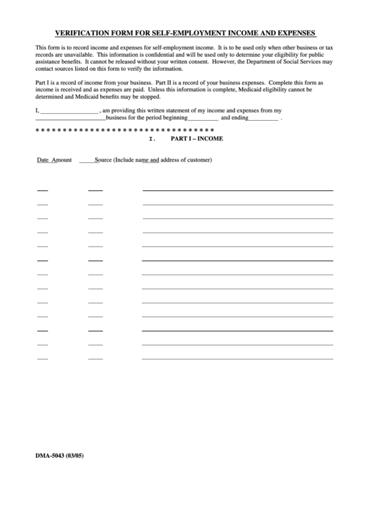 Form Dma-5043 - Verification Form For Self-employment Income And Expenses