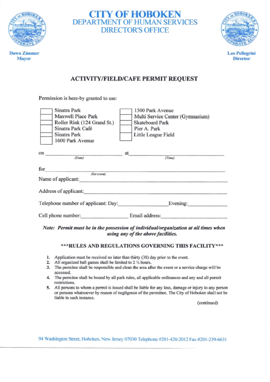 Activity/field/cafe Permit Request - City Of Hoboken Department Of Human Services Printable pdf
