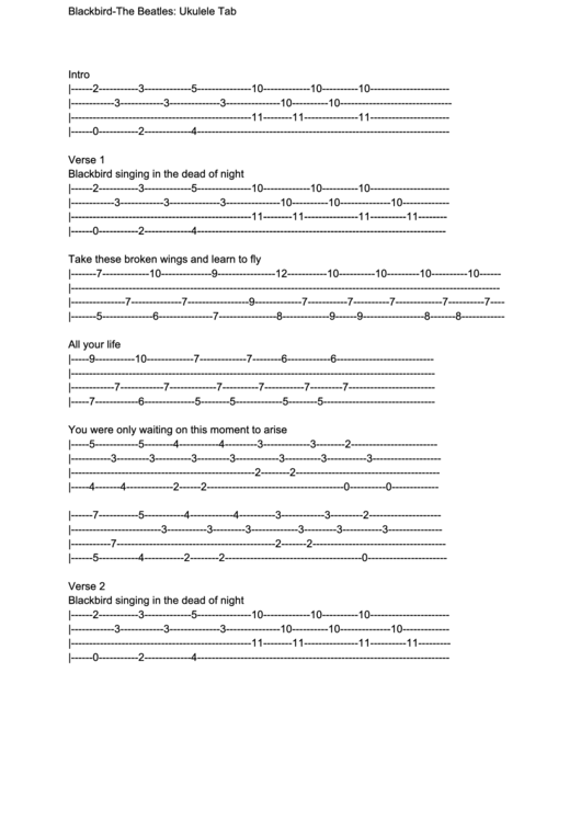 Blackbird - Beatles Ukulele Chord Chart Printable pdf