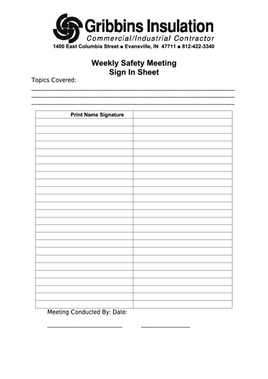 Weekly Safety Meeting Sign In Sheet Template Printable pdf