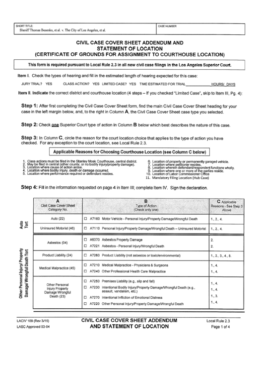 Civil Case Cover Sheet Addendum And Statement Printable pdf