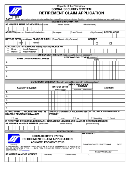 Republic Of The Philippines Social Security System Retirement Claim Application