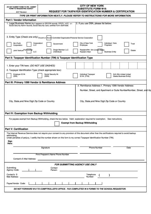 Substitute Form W-9 - Request For Taxpayer Identification Number & Certification - City Of New York Printable pdf