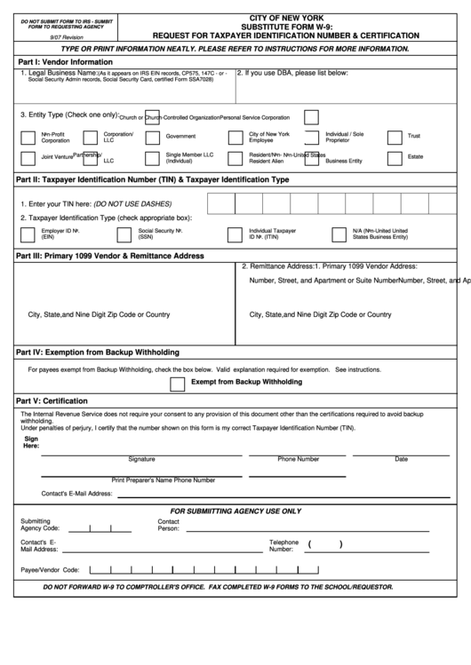 Substitute Form W 9 Request For Taxpayer Identification Number And Certification City Of New 6533