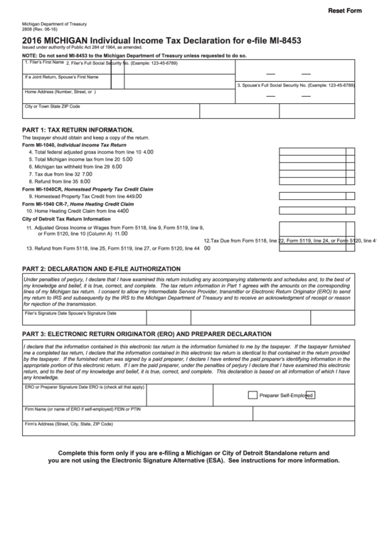 Fillable Michigan Individual Income Tax Declaration For E-File Mi-8453 - 2016 Printable pdf