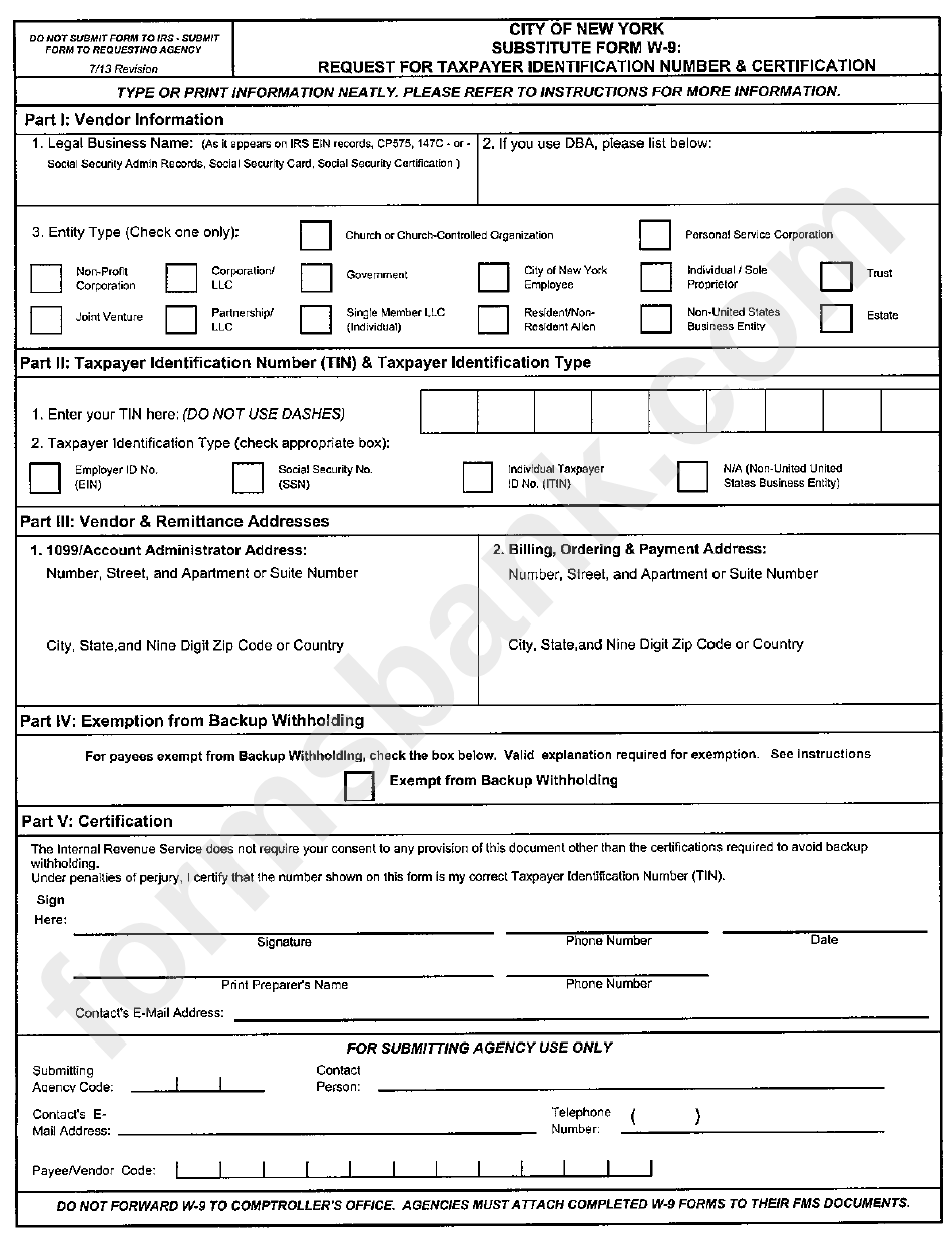 Substitute Form W-9 - Request For Taxpayer Identification Number & Certification - City Of New York - 2013