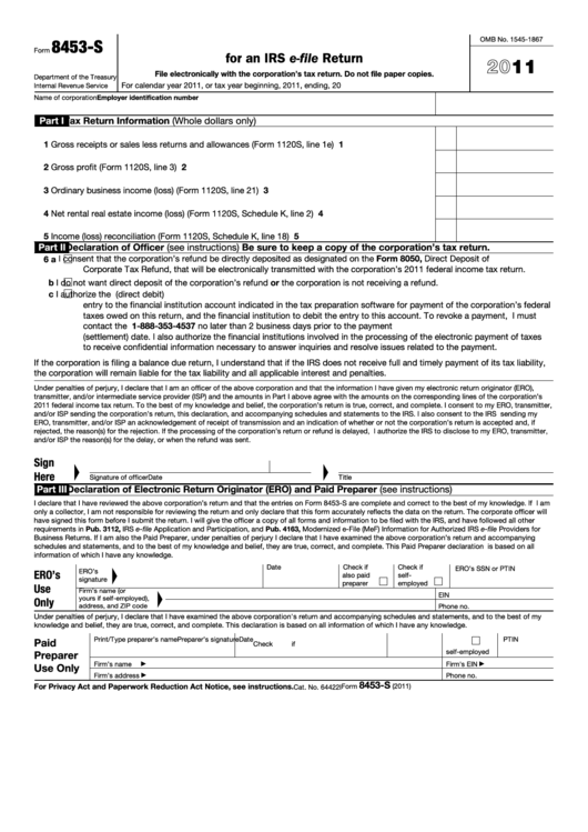 Form 8453-s - U.s. S Corporation Income Tax Declaration For An Irs E-file Return