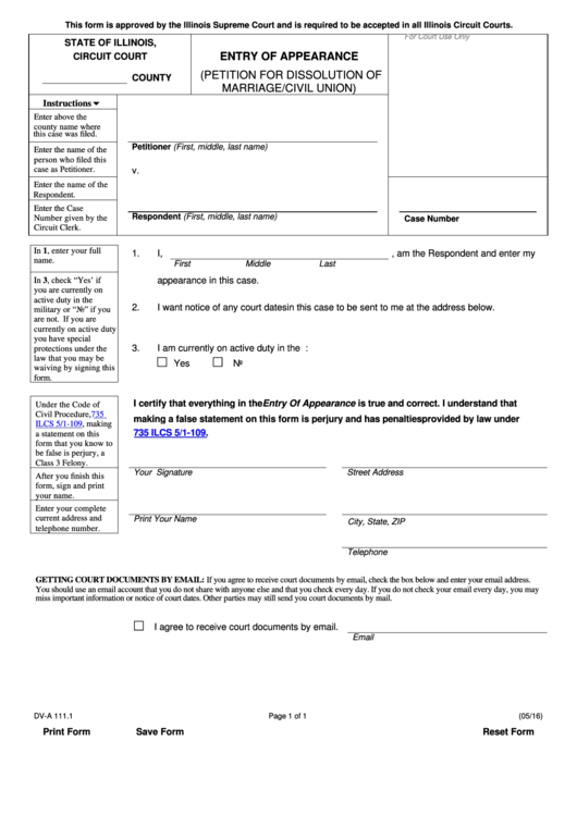 Fillable Entry Of Appearance (Petition For Dissolution Of Marriage/civil Union) Printable pdf