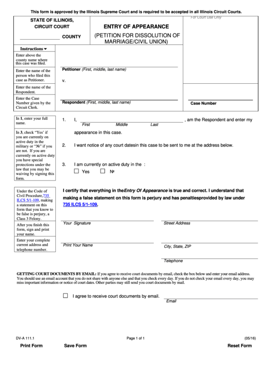 Entry Of Appearance (petition For Dissolution Of Marriage/civil Union)