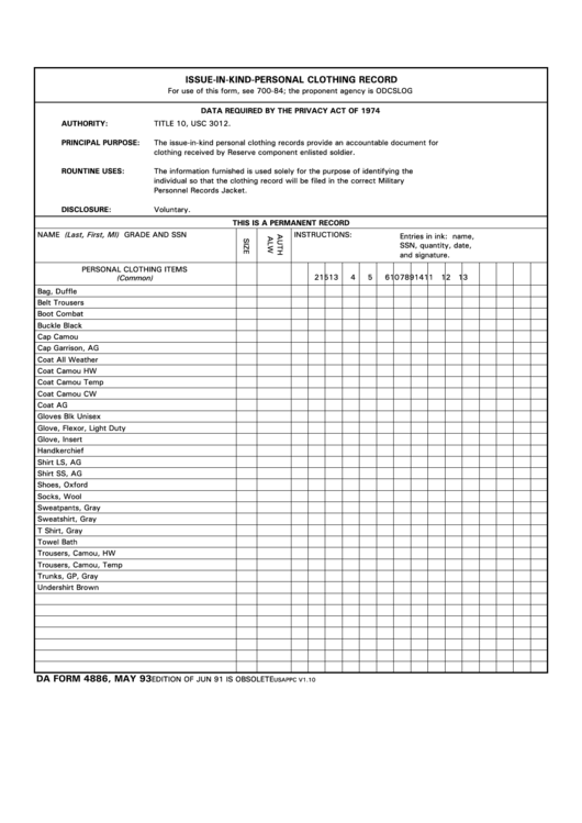 Issue-In-Kind-Personal Clothing Record - Da Form 4886 printable pdf ...