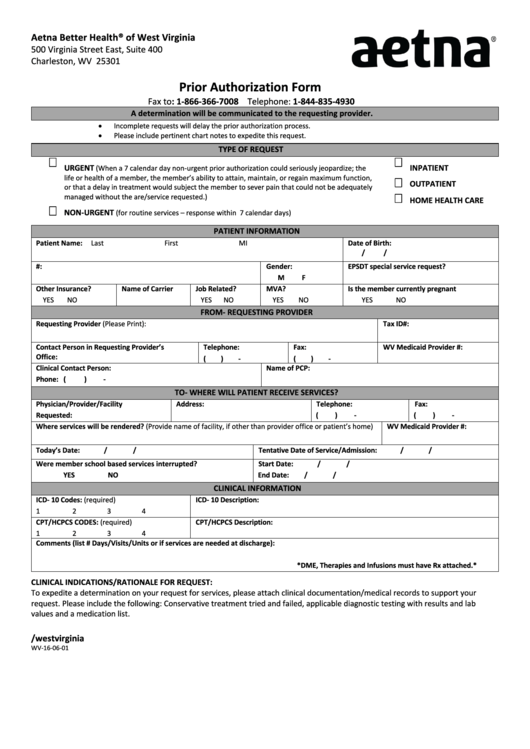 From Wv-16-06-01 - Aetna Prior Authorization Form Printable pdf