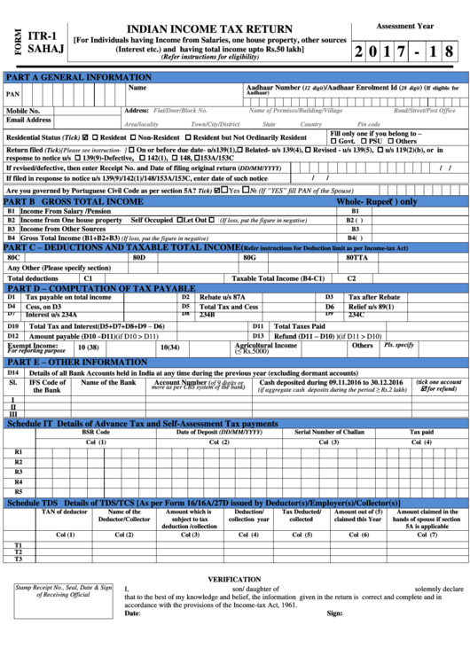 Form Itr-1 Sahaj - Indian Income Tax Return Printable pdf