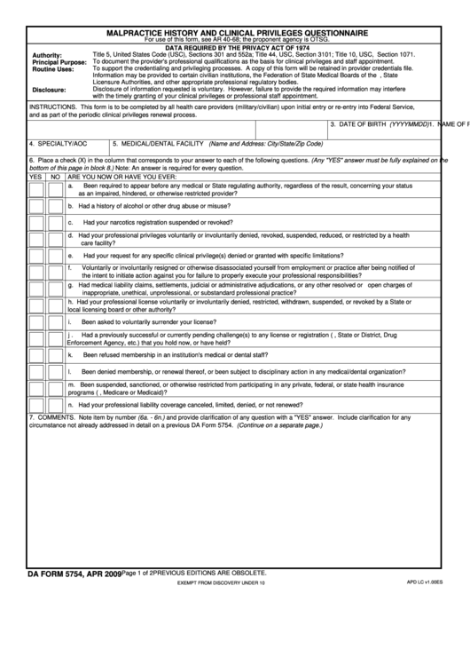 Fillable Malpractice History And Clinical Privileges Questionnaire - Apd - Form 5754 Printable pdf