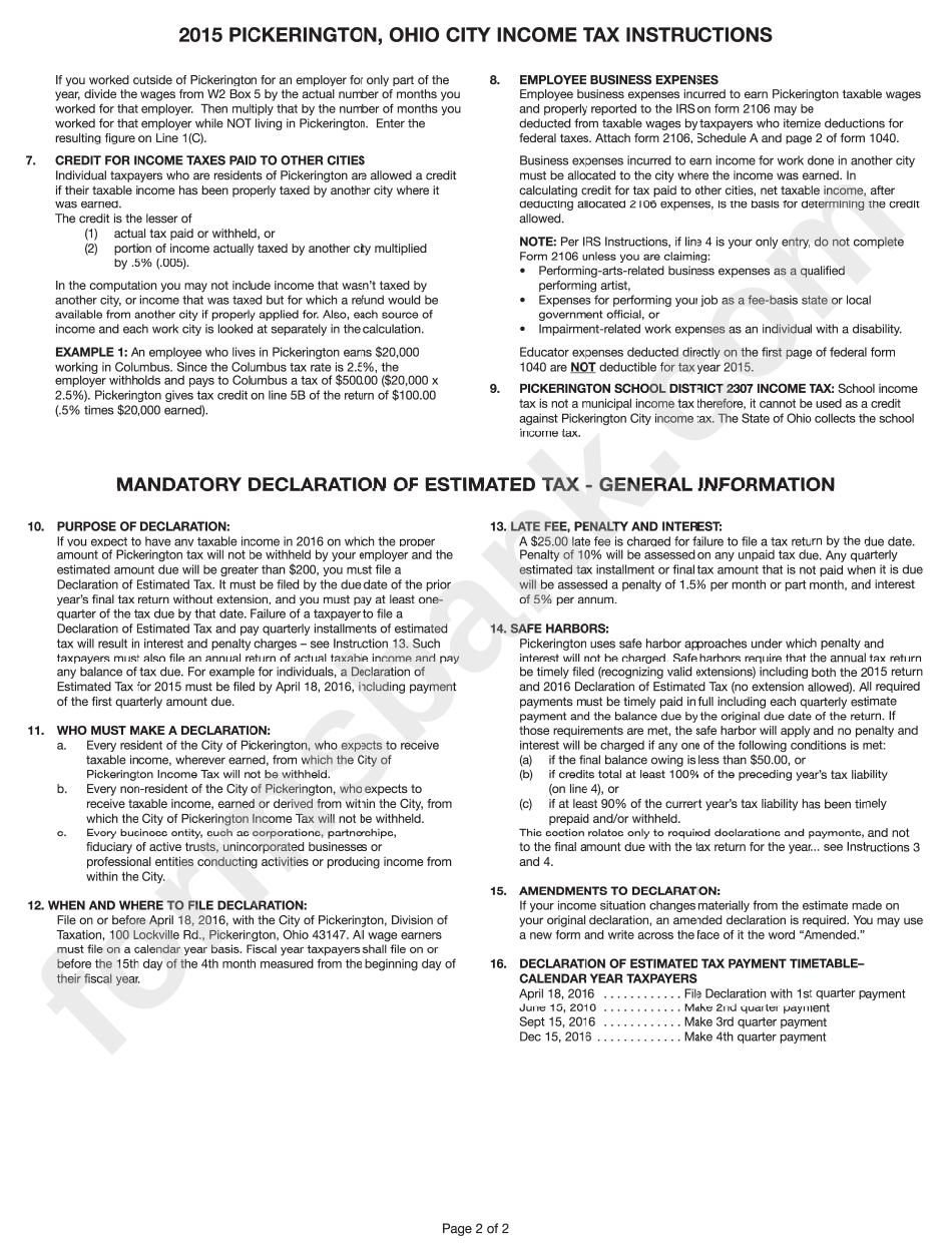 2015 Individual Income Tax Instructions - City Of Pickerington