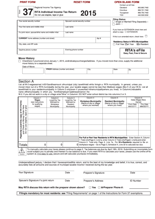 Fillable Form 37 - Rita Individual Income Tax Return - City Of Riverside, Ohio Printable pdf