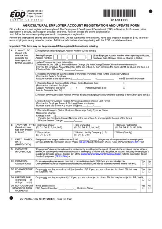 Fillable Form De 1ag - Agricultural Employer Account Registration And Update Form - 2016 Printable pdf
