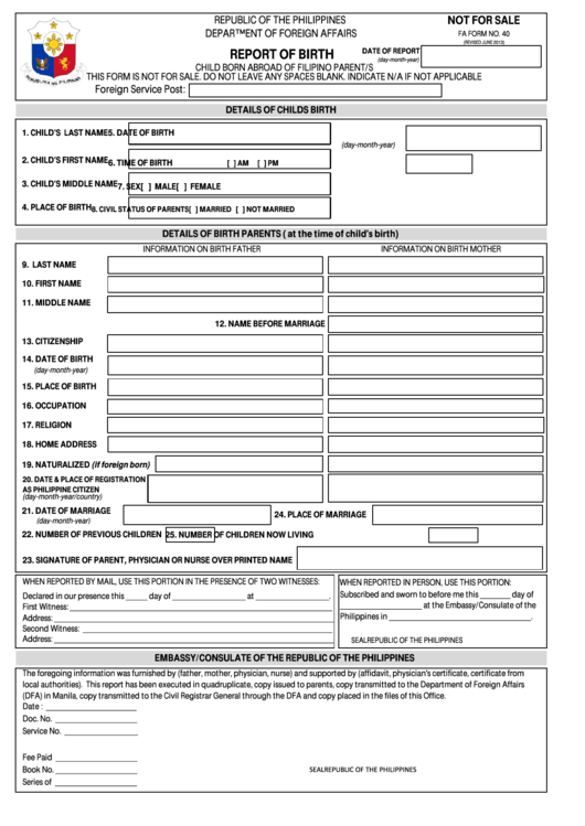 Fillable Report Of Birth - Embassy Of The Philippines Printable pdf