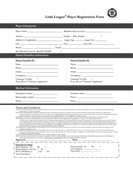Fillable Little League Player Registration Form Printable pdf