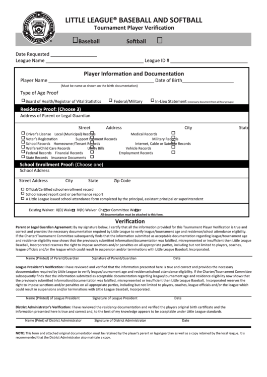 Little League Baseball And Softball Tournament Player Verification Printable pdf
