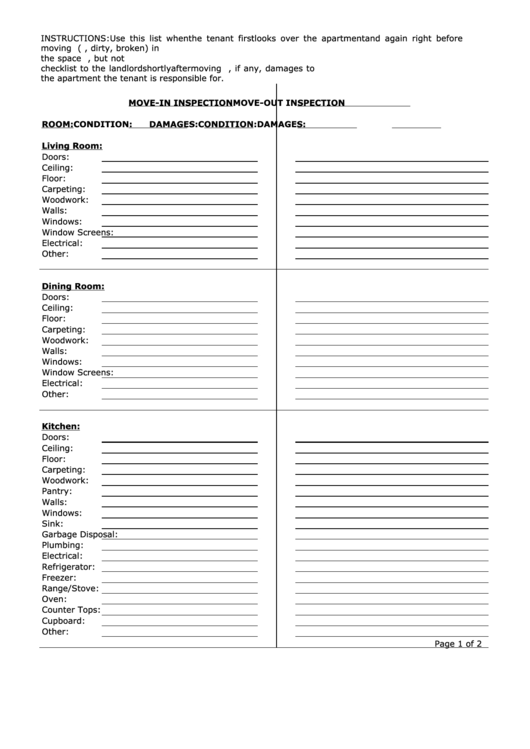 Move In/move Out Inspection Sheet Printable pdf