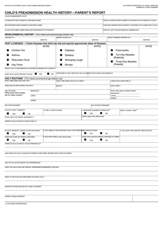 Fillable Lic 702 Form - Child