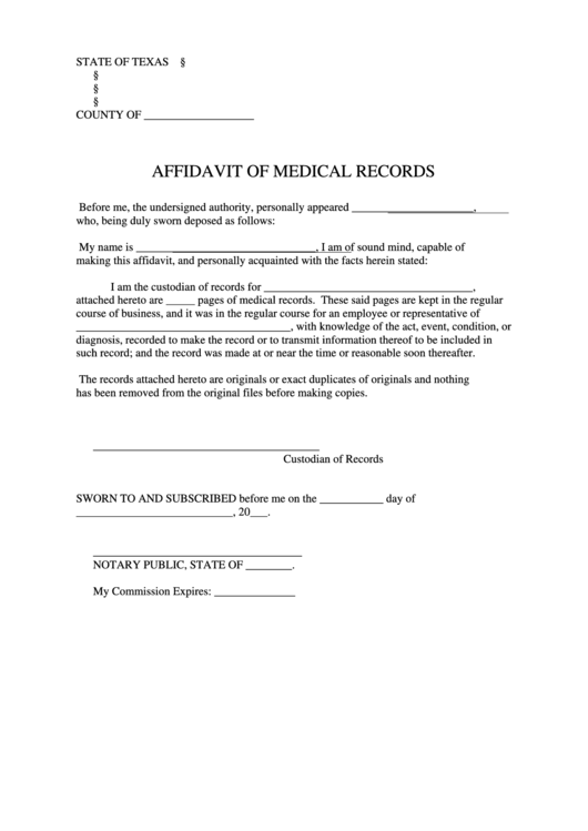 Affidavit Of Medical Records - Photostat Printable pdf