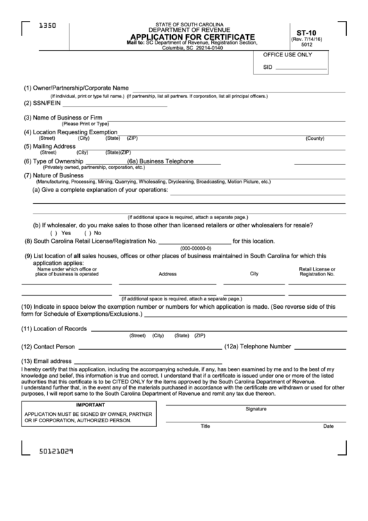 Form St-10 - Application For Certificate - 2016 Printable pdf