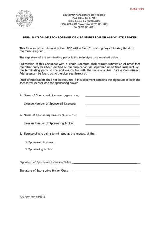 Fillable Termination Of Sponsorship Of A Salesperson Or Associate Broker - Louisiana Real Estate Commission Printable pdf
