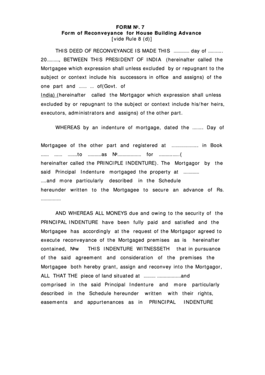 Form No. 7 Form Of Reconveyance For House Building Advance Printable pdf