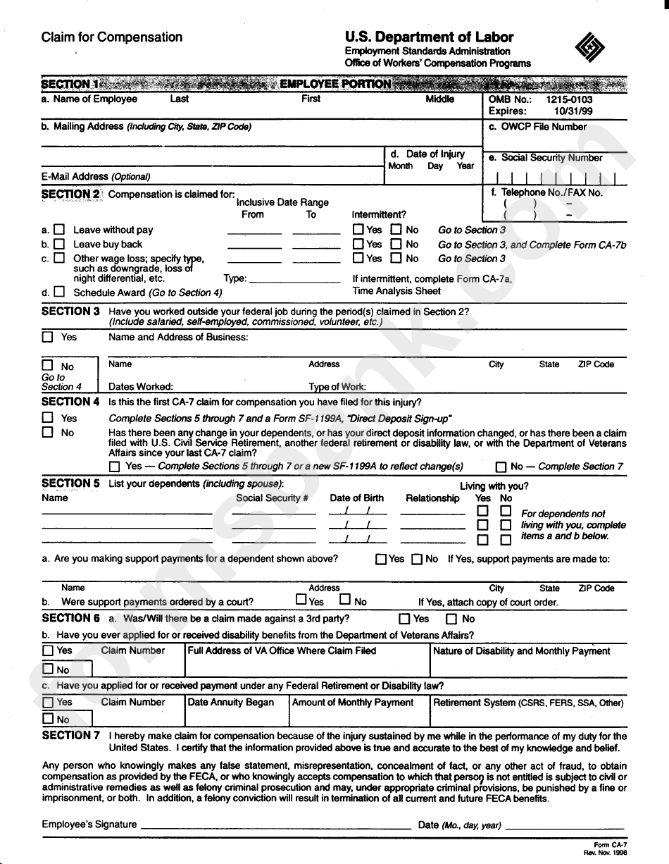 Ca-7 Form - Claim For Compensation - U.s. Department Of Labor
