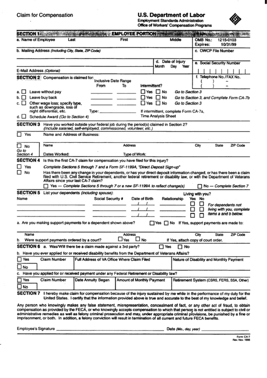 Ca-7 Form - Claim For Compensation - U.s. Department Of Labor Printable pdf
