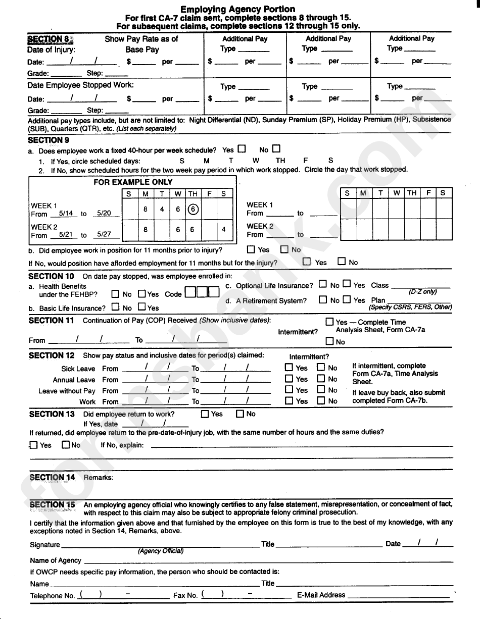 Ca-7 Form - Claim For Compensation - U.s. Department Of Labor