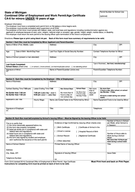 State Of Michigan Combined Offer Of Employment And Work Permit/age Certificate Ca-6 For Minors Under 16 Years Of Age Printable pdf