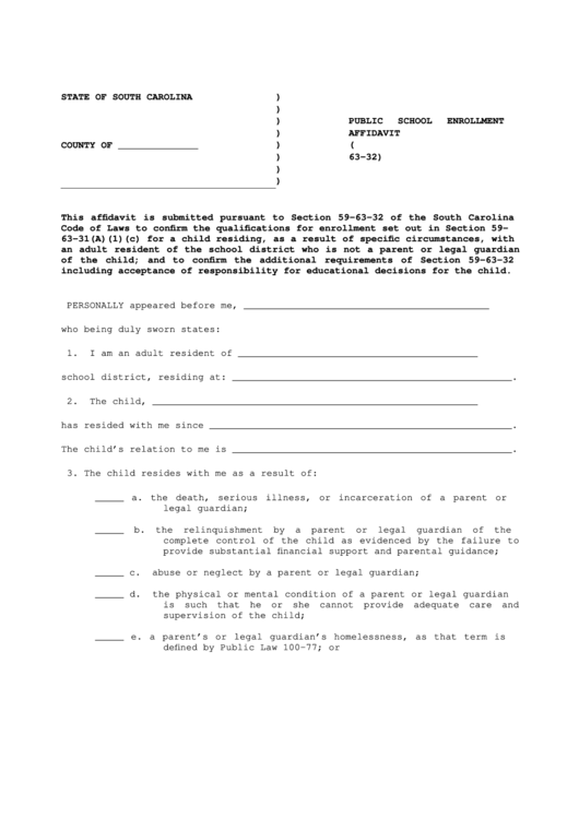 Public School Enrollment Affidavit - South Carolina Appleseed Legal Justice Center Printable pdf
