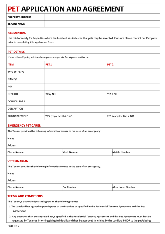 Pet Application And Agreement Printable pdf