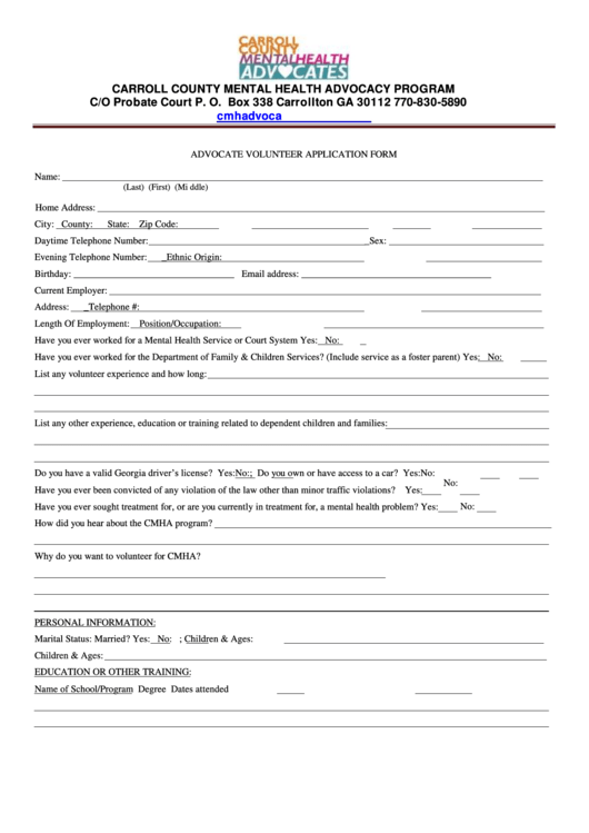 Advocate Volunteer Application Form printable pdf download