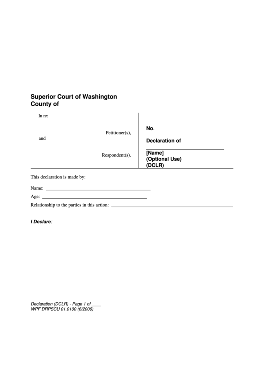 Fillable Declaration Form (Optional Use) - Superior Court Of Washington Printable pdf