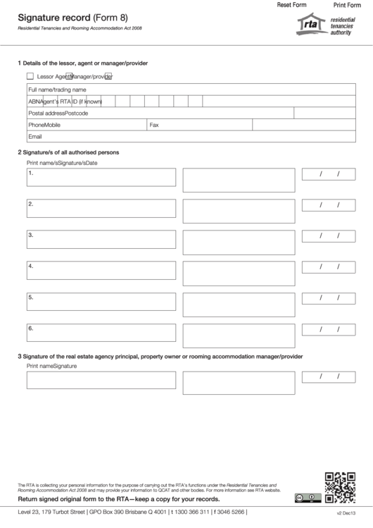 Fillable Signature Record (Form 8) Printable pdf